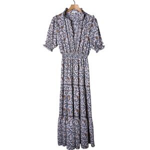 Max Studio Women Blue Orange Floral Smocked Tiered Maxi Dress 8910C68 Large